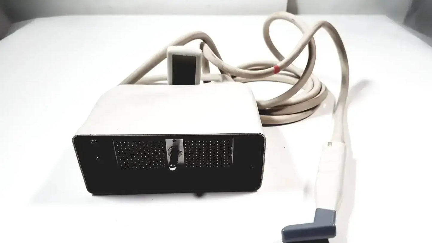 Philips L15-7io white and black linear array ultrasound transducer probe with coiled beige cables for iU22 system