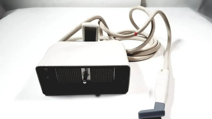 Philips L15-7io white and black linear array ultrasound transducer probe with coiled beige cables for iU22 system