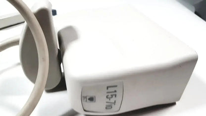 White rectangular power adapter with beige cord and l15 slash 70 label for philips l15-7io linear array ultrasound transducer probe