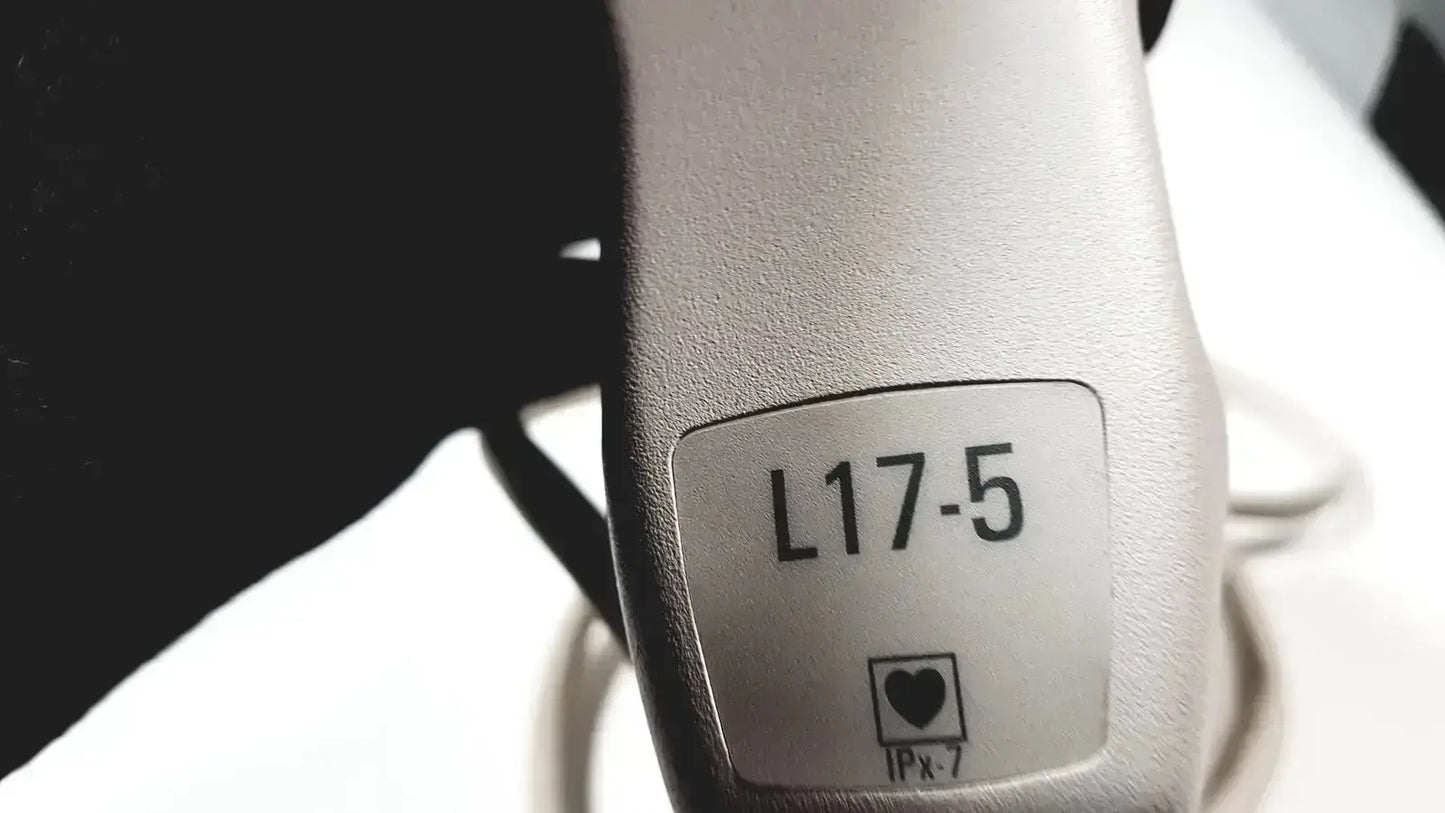 Silver-colored philips l17-5 ultrasound transducer probe with matte finish and ipx-7 waterproof rating visible on device