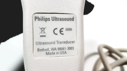 Philips L17-5 white ultrasound transducer probe with textured surface and labeled specifications for medical imaging