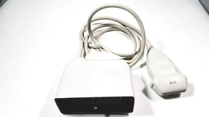 Philips l17-5 white ultrasound transducer probe with coiled cable and black base featuring model number l17 s