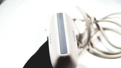 White and gray handheld Philips L17-5 linear array ultrasound transducer probe with a sleek modern design