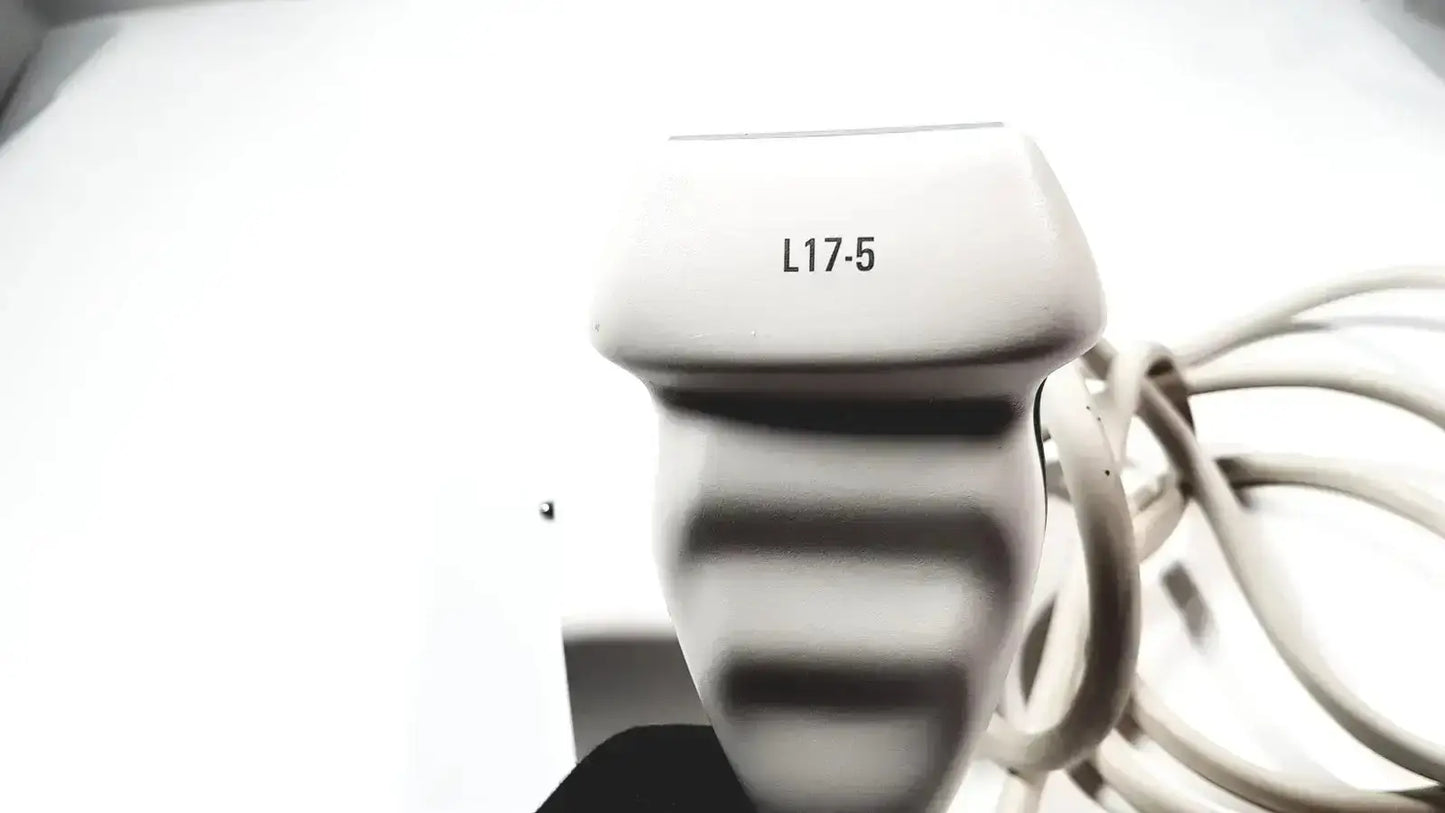 White plastic Philips L17-5 linear array ultrasound transducer probe with l17-5 printed on top