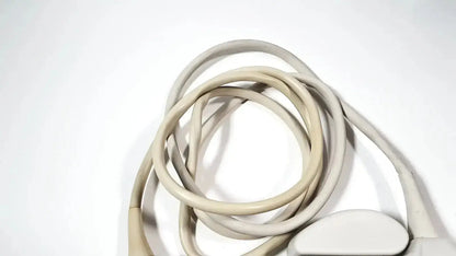 Philips l9-3 beige coiled cable with white rounded connector end for linear array ultrasound transducer probe iU22