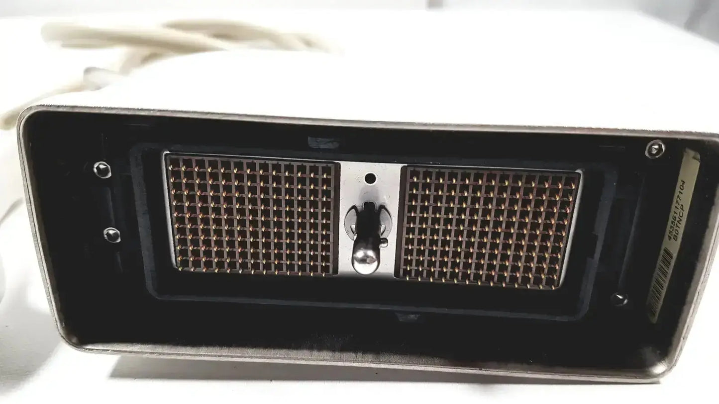 Black philips l9-3 linear array ultrasound transducer probe with metallic grilles and barcode label on the side