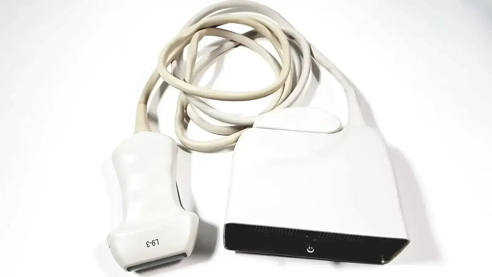 Philips L9-3 white linear array ultrasound transducer probe with beige coiled cable and model number c-61 for iU22