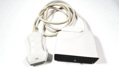 Philips L9-3 white linear array ultrasound transducer probe with beige coiled cable and model number c-61 for iU22