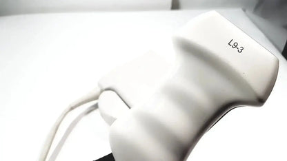 Philips L9-3 linear array ultrasound transducer probe with ergonomic ribbed grip and smooth rounded white head for iU22