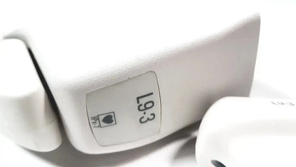 White plastic Philips L9-3 linear array ultrasound transducer probe with rectangular label and heart icon for iU22