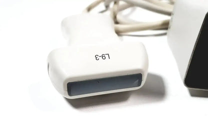 Philips l9-3 white plastic ultrasound transducer probe with dark gray window and model number for iu22 system