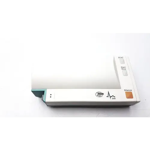White and teal medical ecg machine with a compact rectangular design, featuring labeled buttons for ’stat,’ ’start stop,’ and ’silence’ on its side panel.