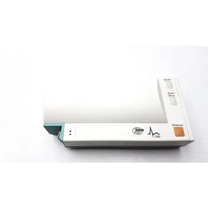 White and teal medical ecg machine with a compact rectangular design, featuring labeled buttons for ’stat,’ ’start stop,’ and ’silence’ on its side panel.