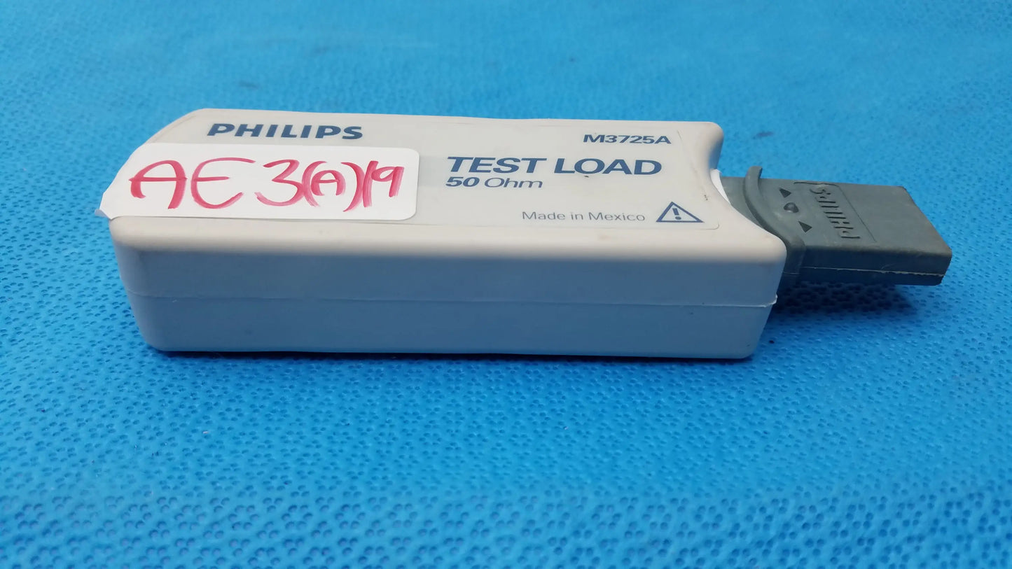 White Philips M3725A test load medical equipment with 50 ohm resistance gray connector and printed labeling