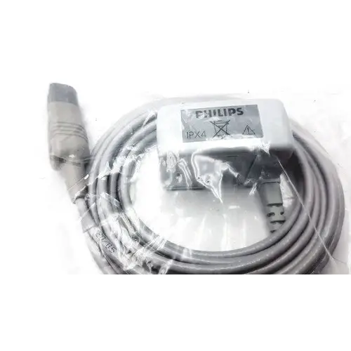 Gray philips cable with a coiled gray connector and black plug, packaged in clear plastic.