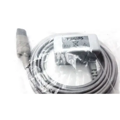 Gray philips cable with a coiled gray connector and black plug, packaged in clear plastic.