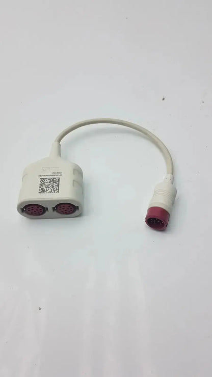 White philips ref 989803199741 dual invasive blood pressure ibp adapter cable with two red connectors and qr code label