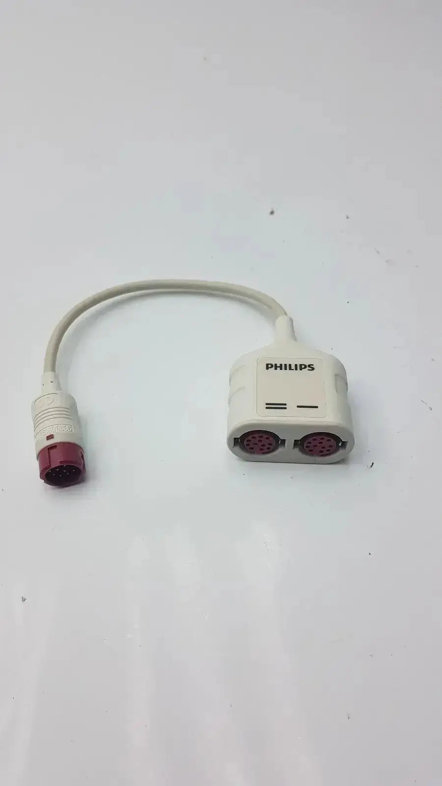 White Philips REF 989803199741 dual invasive blood pressure ibp adapter cable with two red ports and one white connector end