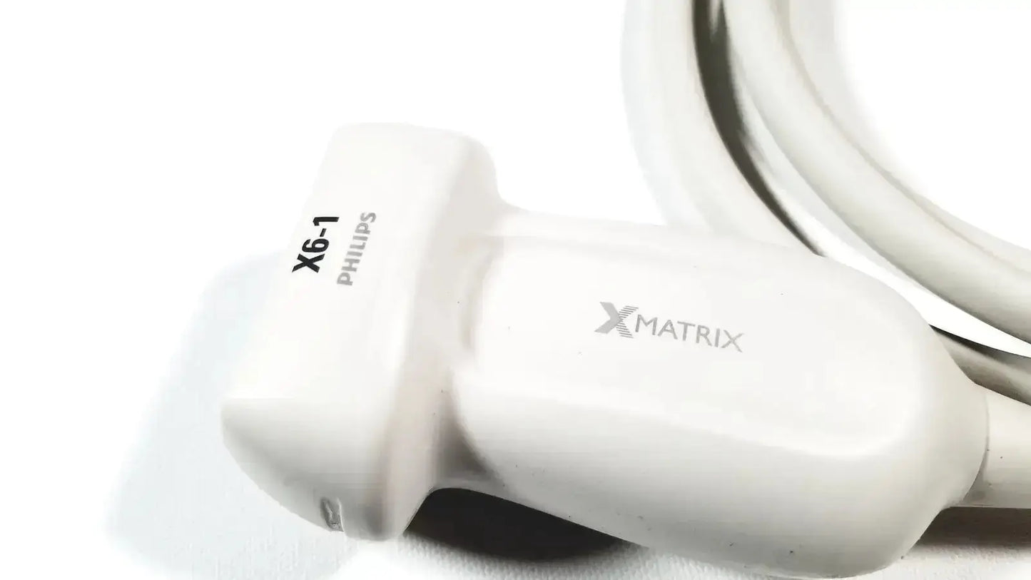 White Philips X6-1 matrix array ultrasound transducer probe showing advanced xmatrix design for precise imaging