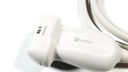 White Philips X6-1 matrix array ultrasound transducer probe showing advanced xmatrix design for precise imaging