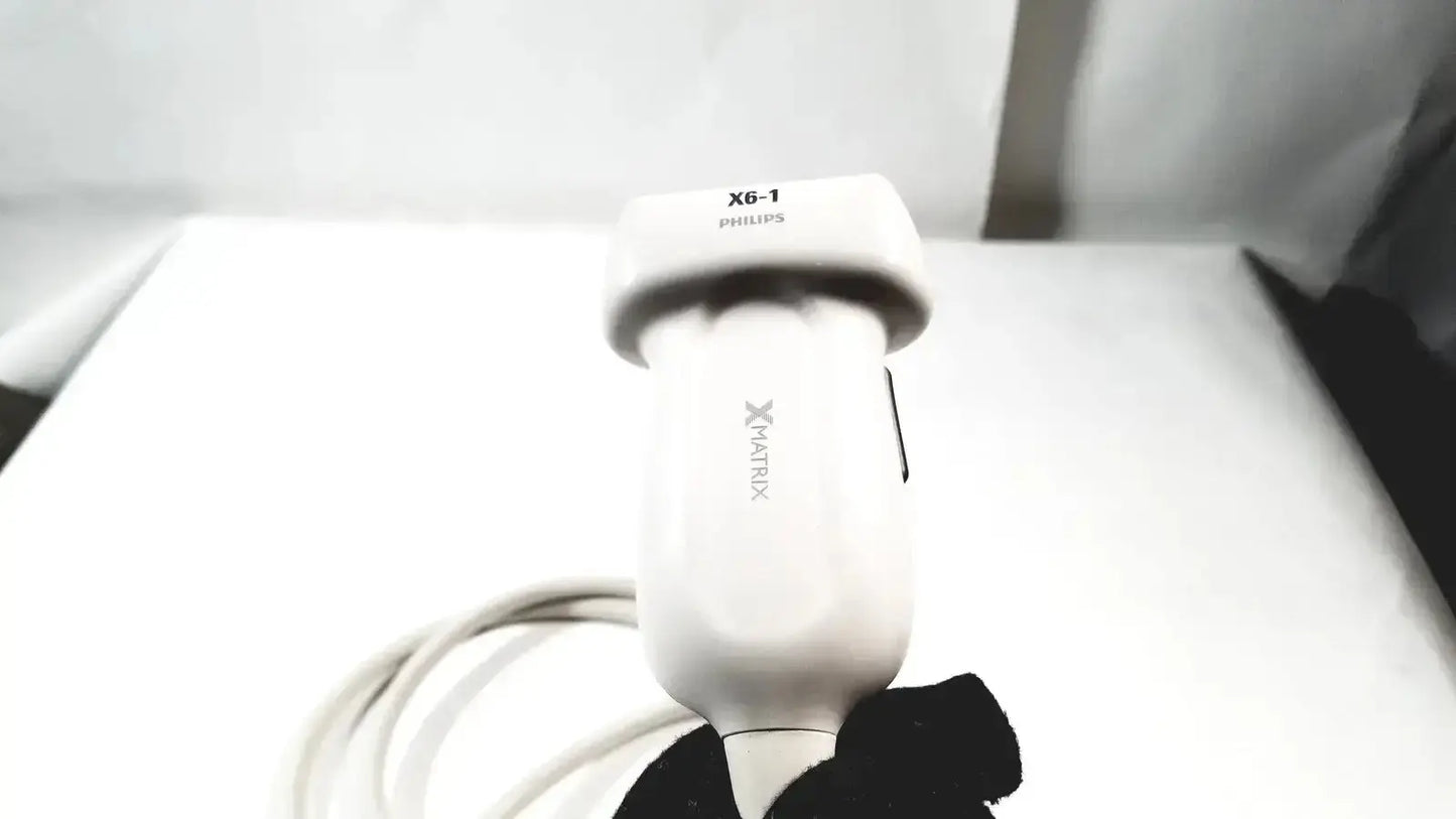White philips x6-1 matrix array ultrasound transducer probe with smooth rounded design and x-matrix logo visible