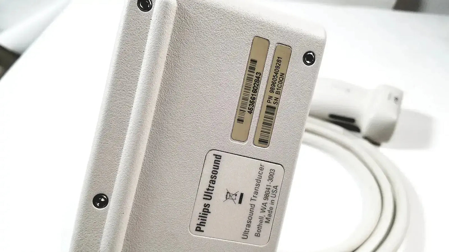 Silver philips X6-1 matrix array ultrasound transducer probe with a matte finish and labeled specifications visible