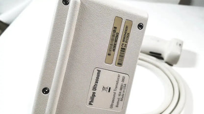 Silver philips X6-1 matrix array ultrasound transducer probe with a matte finish and labeled specifications visible
