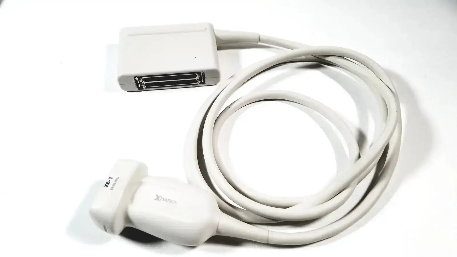 Philips X6-1 matrix array white ultrasound transducer probe with rectangular connector and rounded probe head xe-1 model