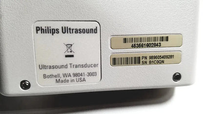 Silver philips x6-1 matrix array ultrasound transducer probe back panel with black text labels and barcodes
