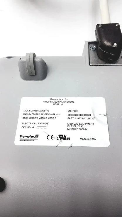 Gray plastic phillips operator imaging module mono c controller with white label showing model and serial number details