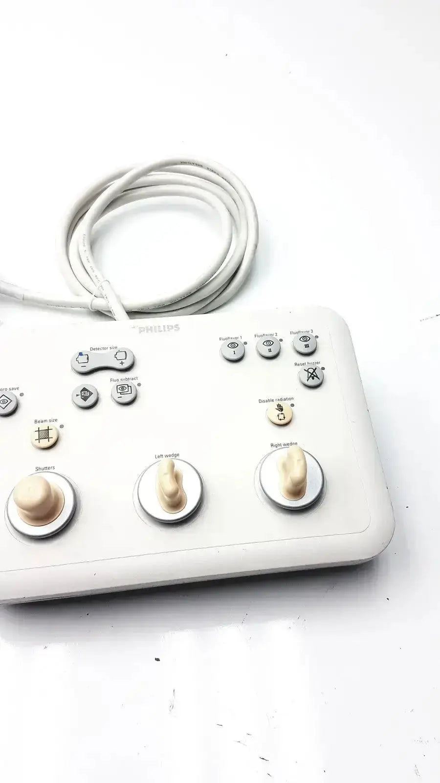 White Philips operator imaging module mono C controller with beige knobs and buttons for medical ultrasound use