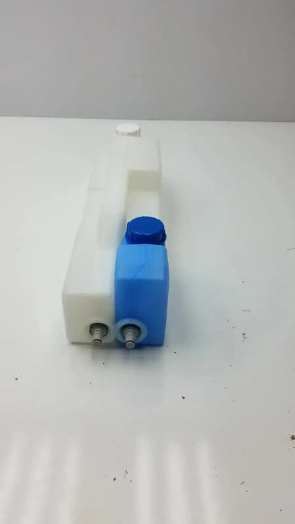 Plastic universal tank with two blue caps featuring blue and white dual-bottle plastic water dispenser design