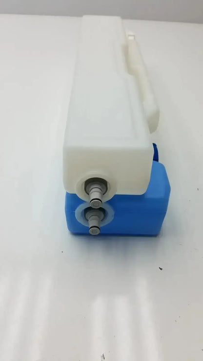 White plastic universal tank with two caps featuring a blue base and gray fittings for coolant storage