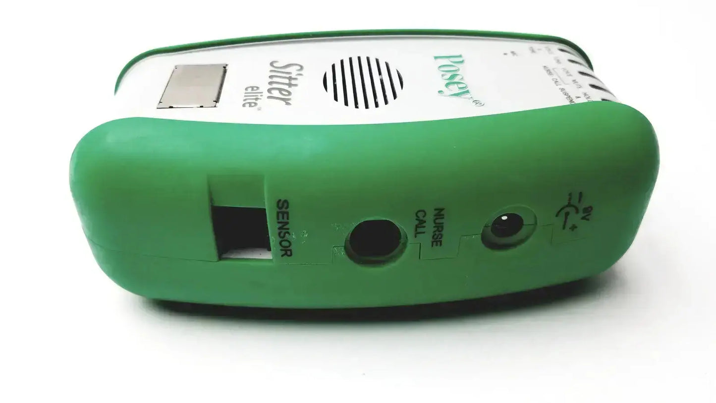Green plastic posey sitter elite baby monitor with white top panel and nurse call connection speaker grille