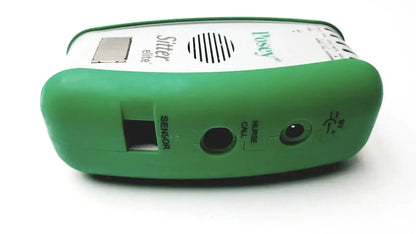 Green plastic posey sitter elite baby monitor with white top panel and nurse call connection speaker grille