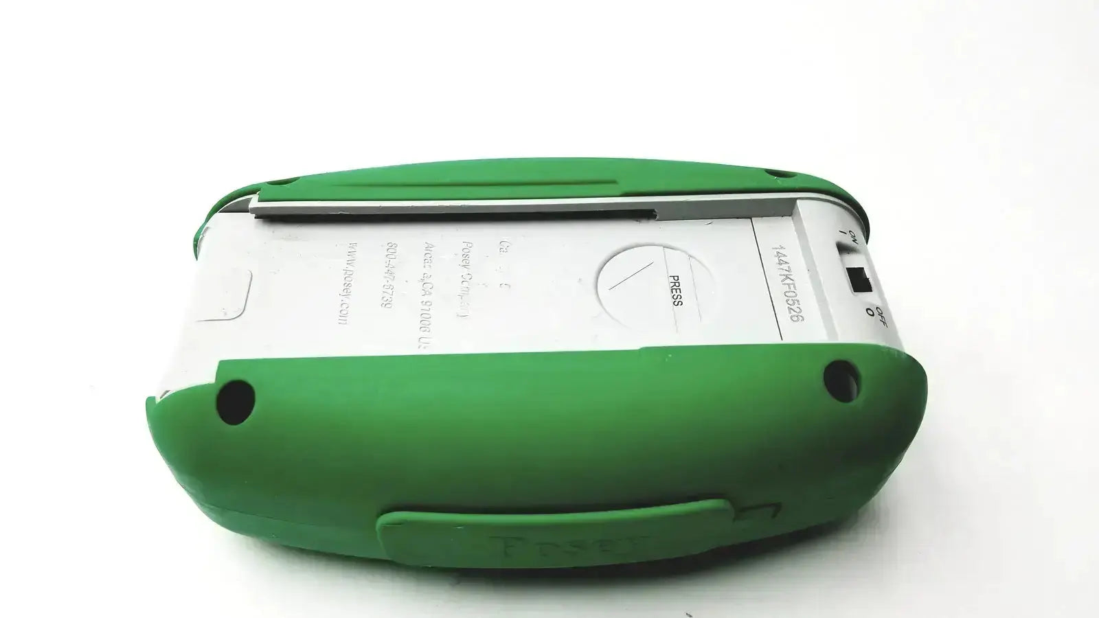 Green protective case with white interior housing a digital posey sitter elite device with circular dial and nurse call connection controls