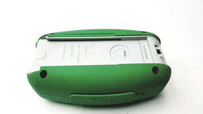 Green protective case with white interior housing a digital posey sitter elite device with circular dial and nurse call connection controls