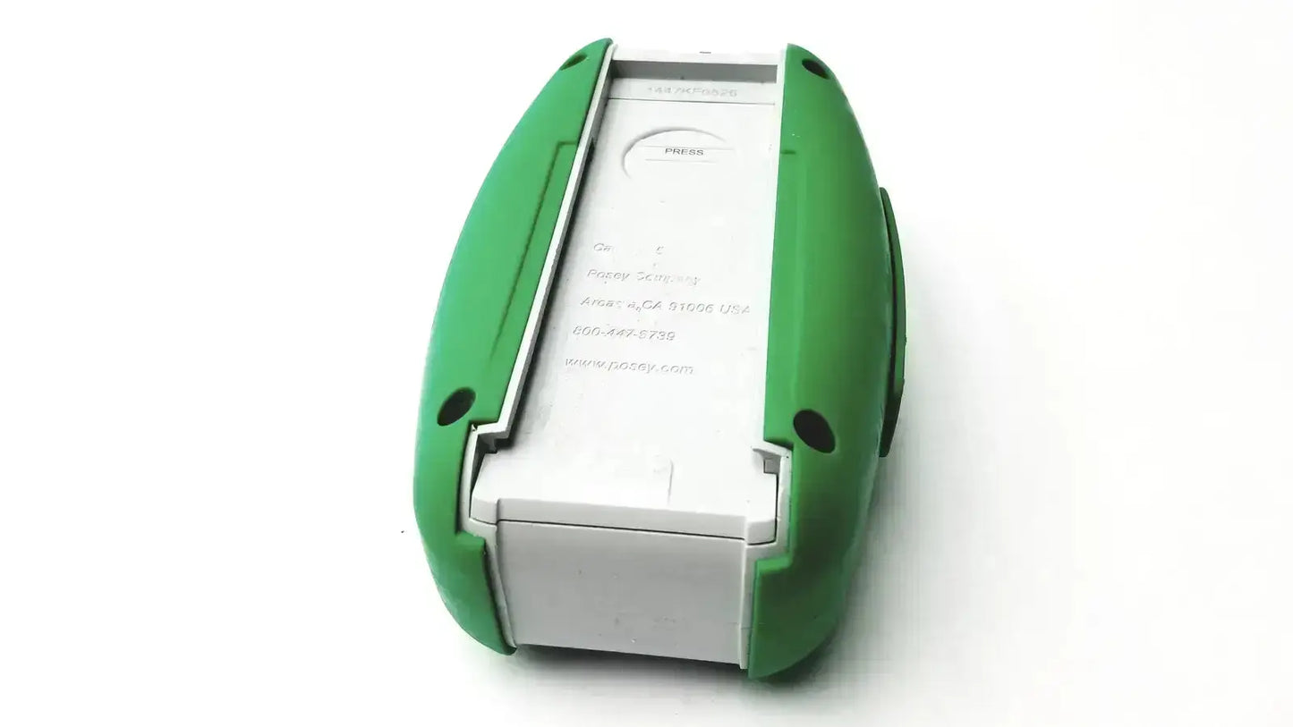 Green and white handheld posey sitter elite device with ergonomic design and nurse call connection for patient monitoring