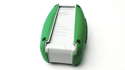 Green and white handheld posey sitter elite device with ergonomic design and nurse call connection for patient monitoring