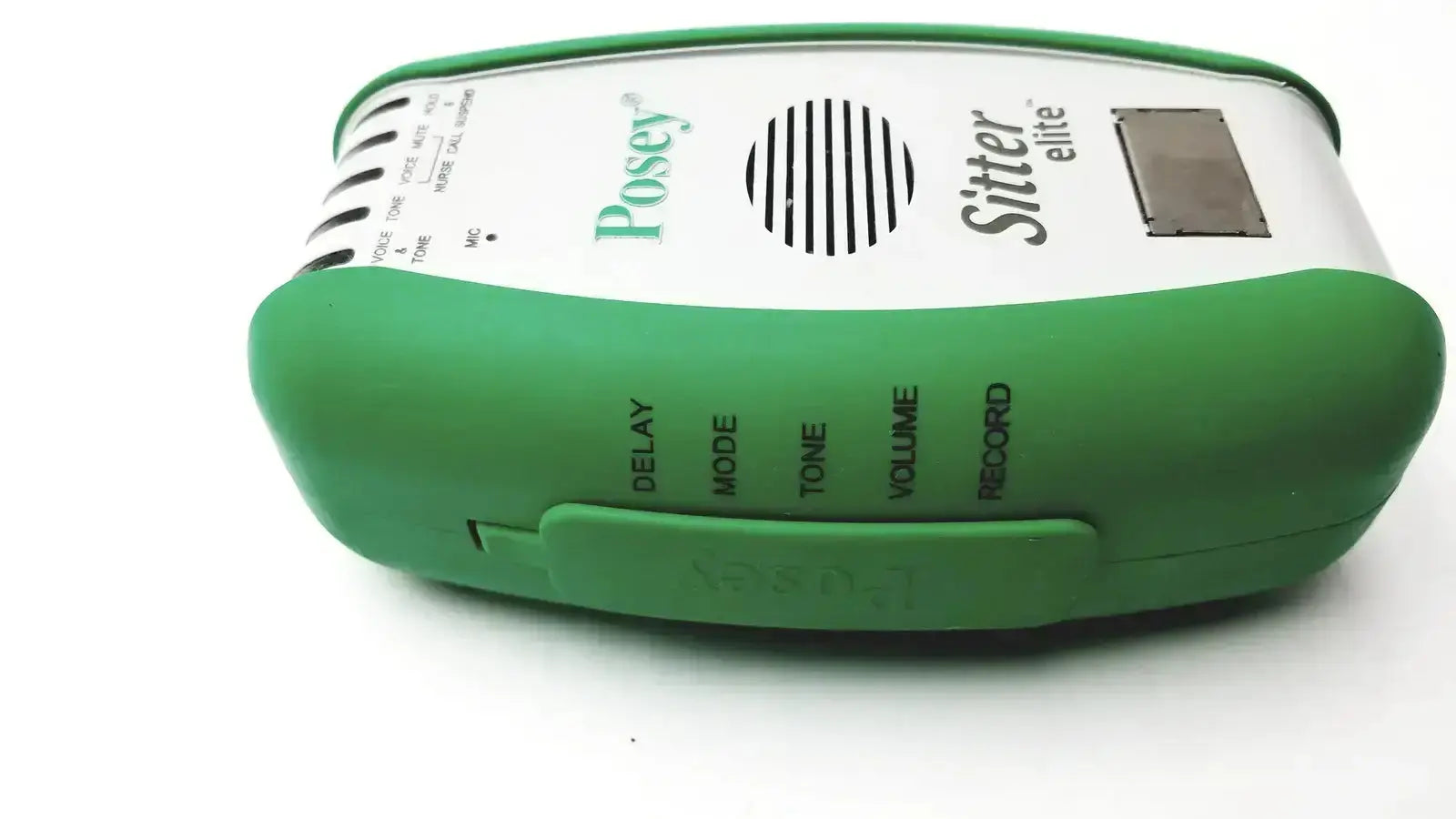 Green and white posey sitter elite baby monitor with speaker grille and control buttons for delay volume tone and record