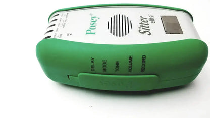 Green and white posey sitter elite baby monitor with speaker grille and control buttons for delay volume tone and record