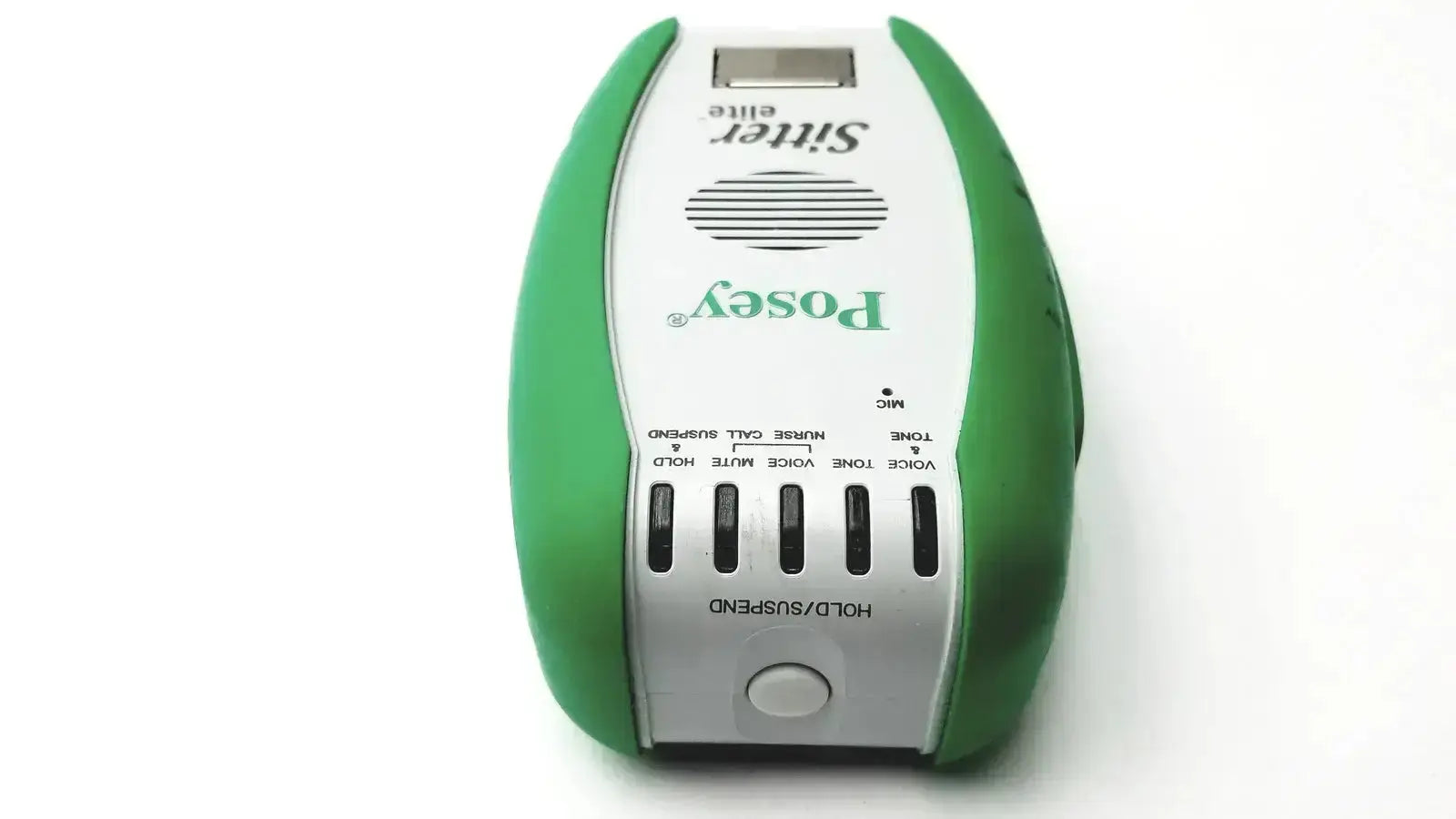 Green and silver posey sitter elite voice message answering machine with speaker grille and nurse call connection buttons