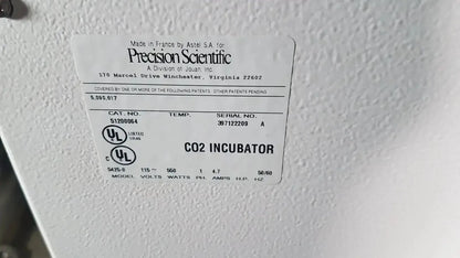 White label with black text and certification marks on napco precision series 5425 co2 incubator model ot-100z