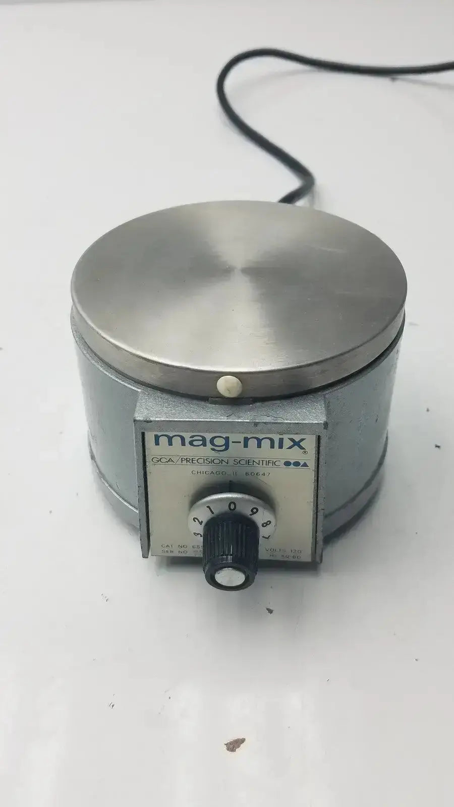 Silver and gray precision scientific mag-mix 60647 laboratory magnetic stirrer with brushed metal top plate