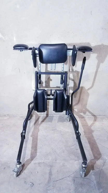 Black padded walker with adjustable armrests and caster wheels for prime engineering grandstand iii modular standing system