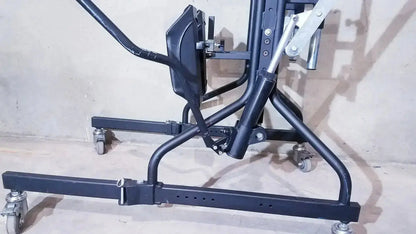 Black metal wheelchair lift with adjustable armrests and caster wheels for prime engineering grandstand iii modular standing system