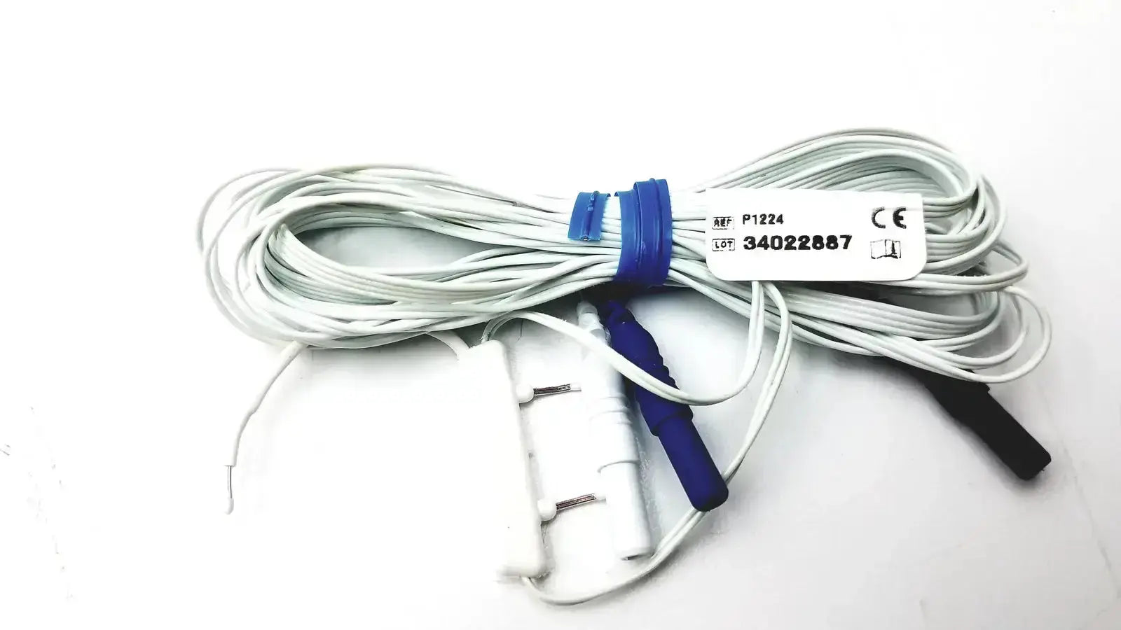 White medical electrode lead with blue black connectors coiled and tied for pro-tech p1224 thermocouple nasal oral airflow sensor