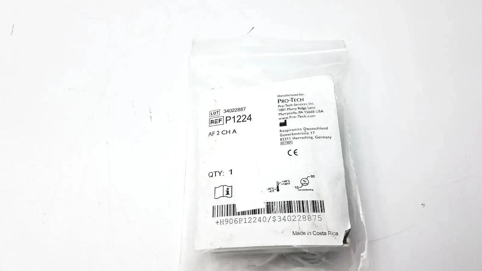 White plastic bag containing pro-tech p1224 thermocouple nasal oral airflow sensor labeled af 2 ch a medical device