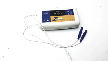 White plastic pro-tech p1736 zrip driver module with blue and gold labeling connected to two blue electrode leads