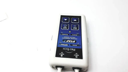 White plastic pro-tech ptaf2 pressure transducer airflow sensor with blue control panel and labeled buttons